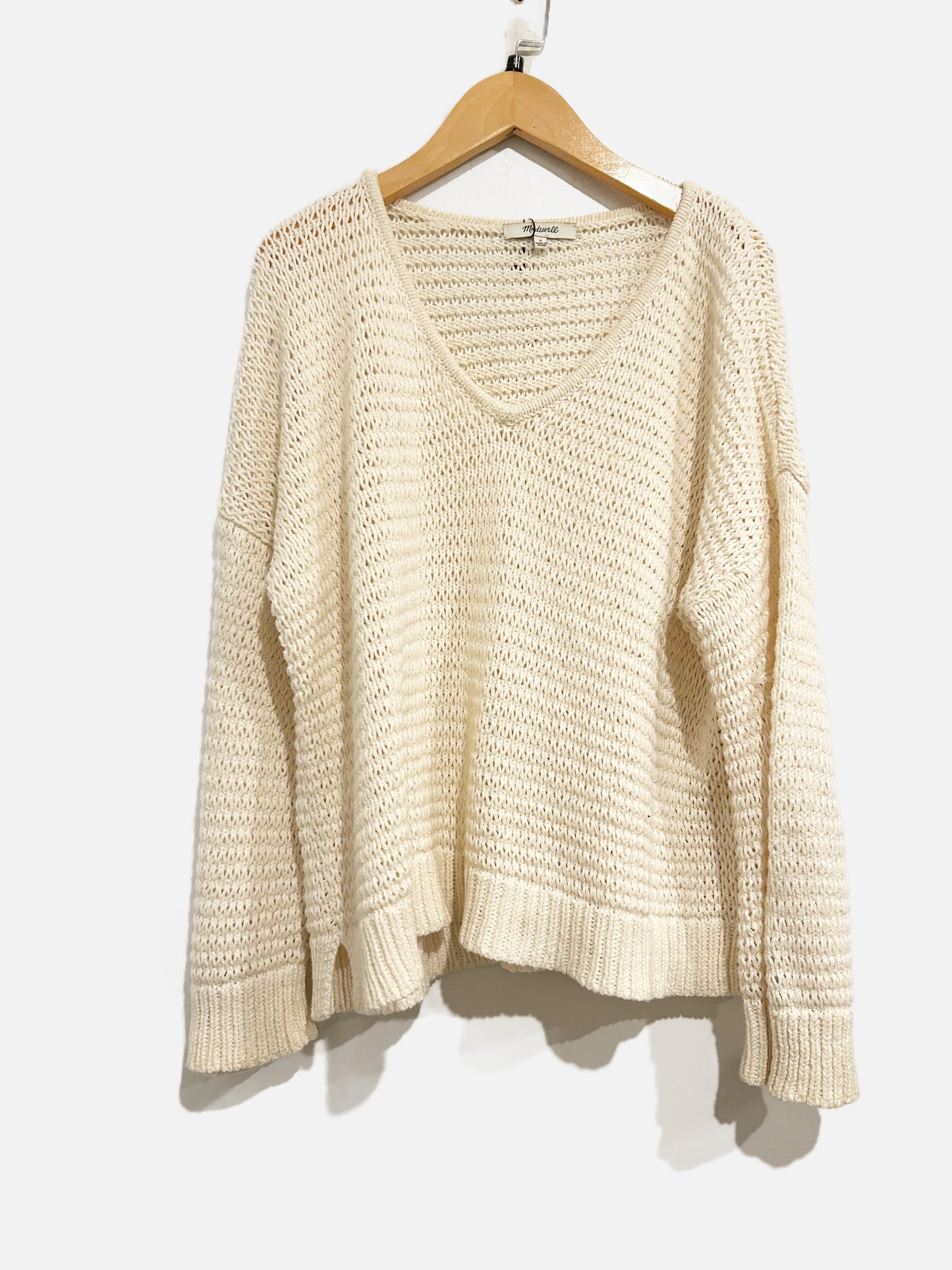 Madewell Cream Cable Knit V-Neck Sweater - Small