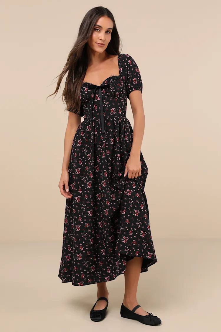 Lulus Black w/Red Floral Maxi Dress - XL