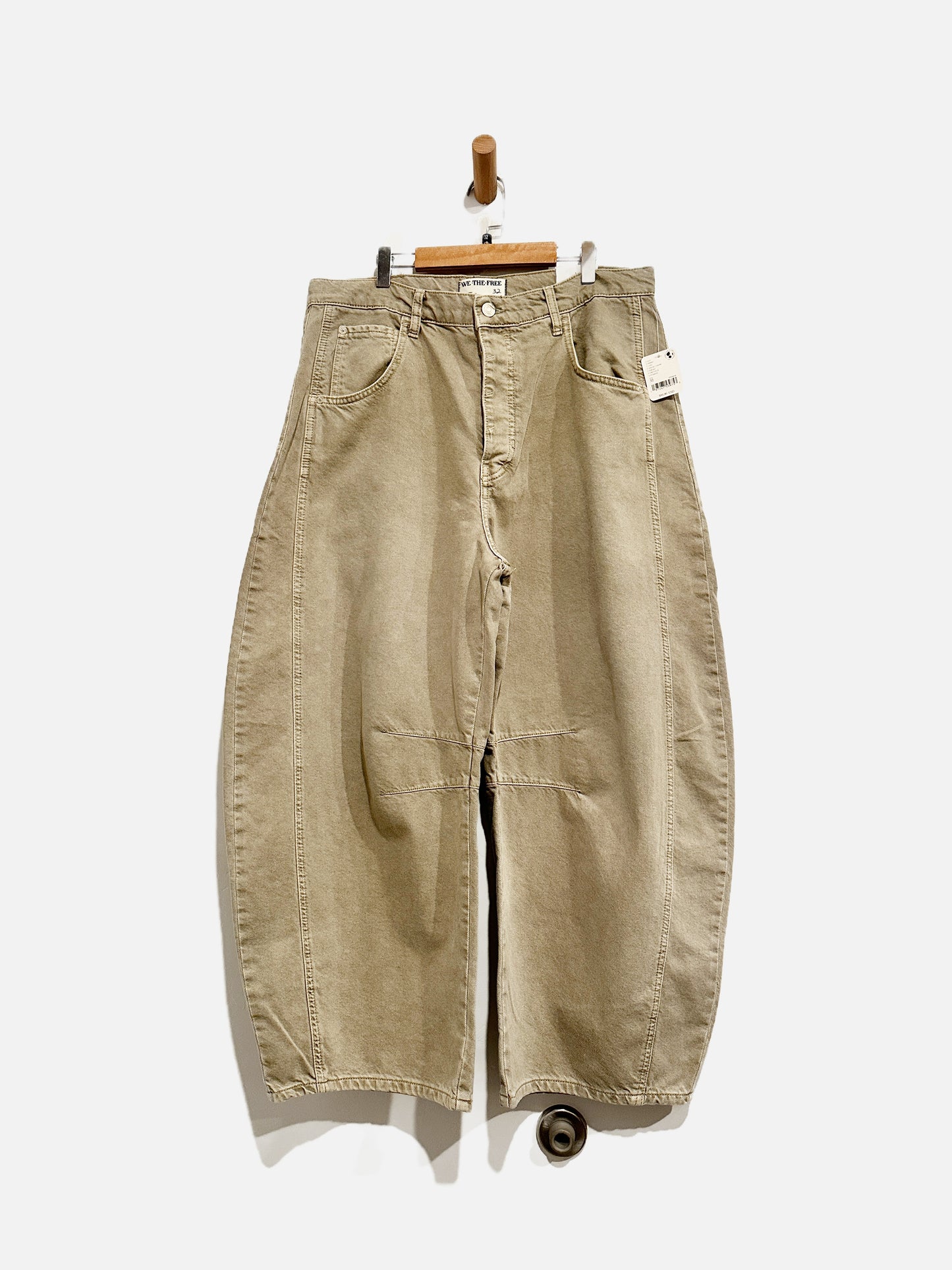 Free People Good Luck Mid Rise Barrel Leg Jeans in Khaki Taupe - 32