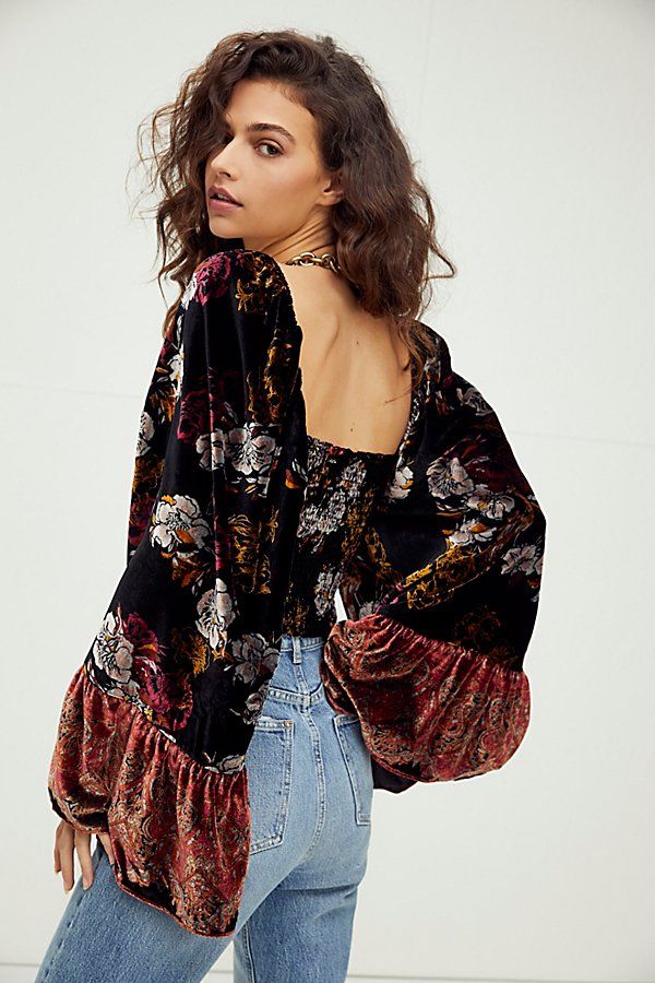 Free People Catching Feelings Black Velvet Blouse - Medium