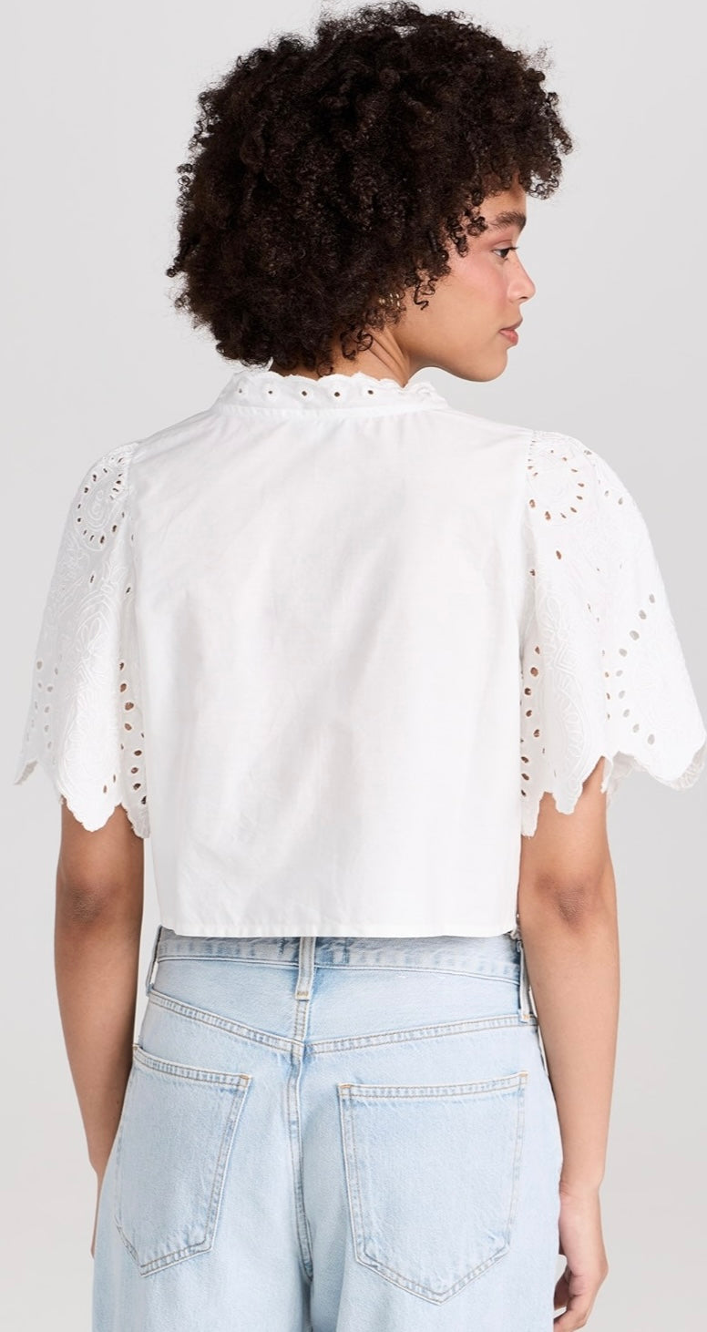 Moon River White Eyelet Tie Front Blouse - Medium