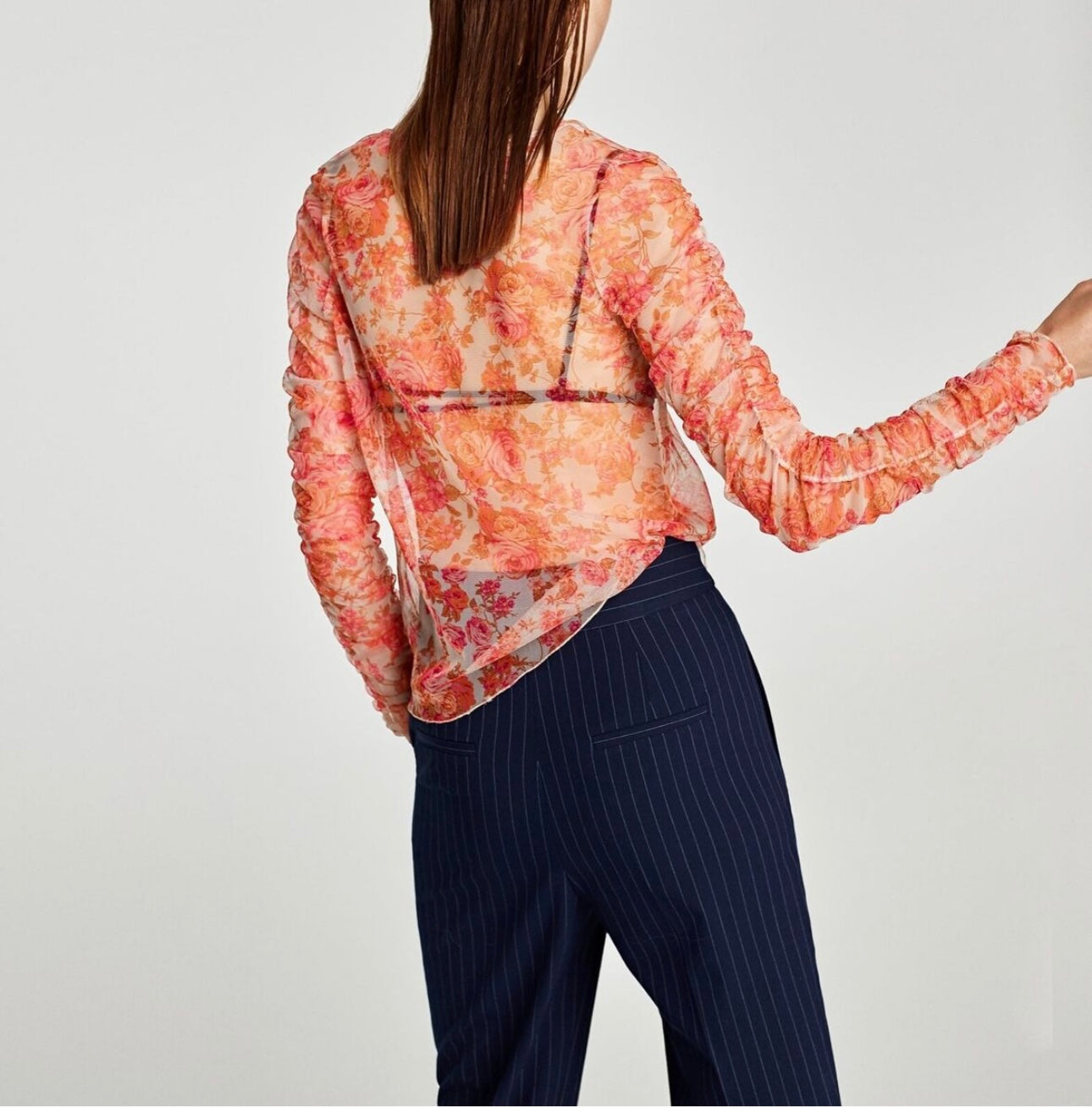 Zara Orange Floral Mesh LS Top - Large