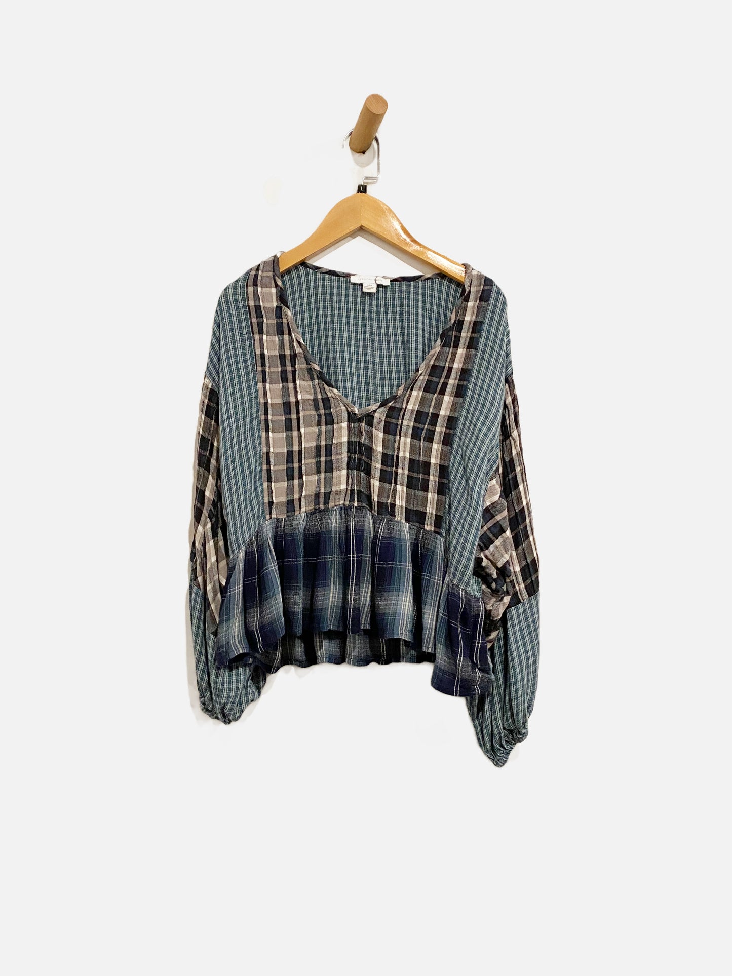 American Eagle Blue Plaid Ruffle Blouse - Large