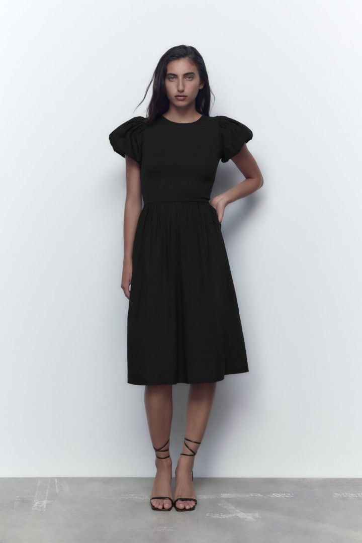 Zara Black Puff Sleeve Midi Dress - Large
