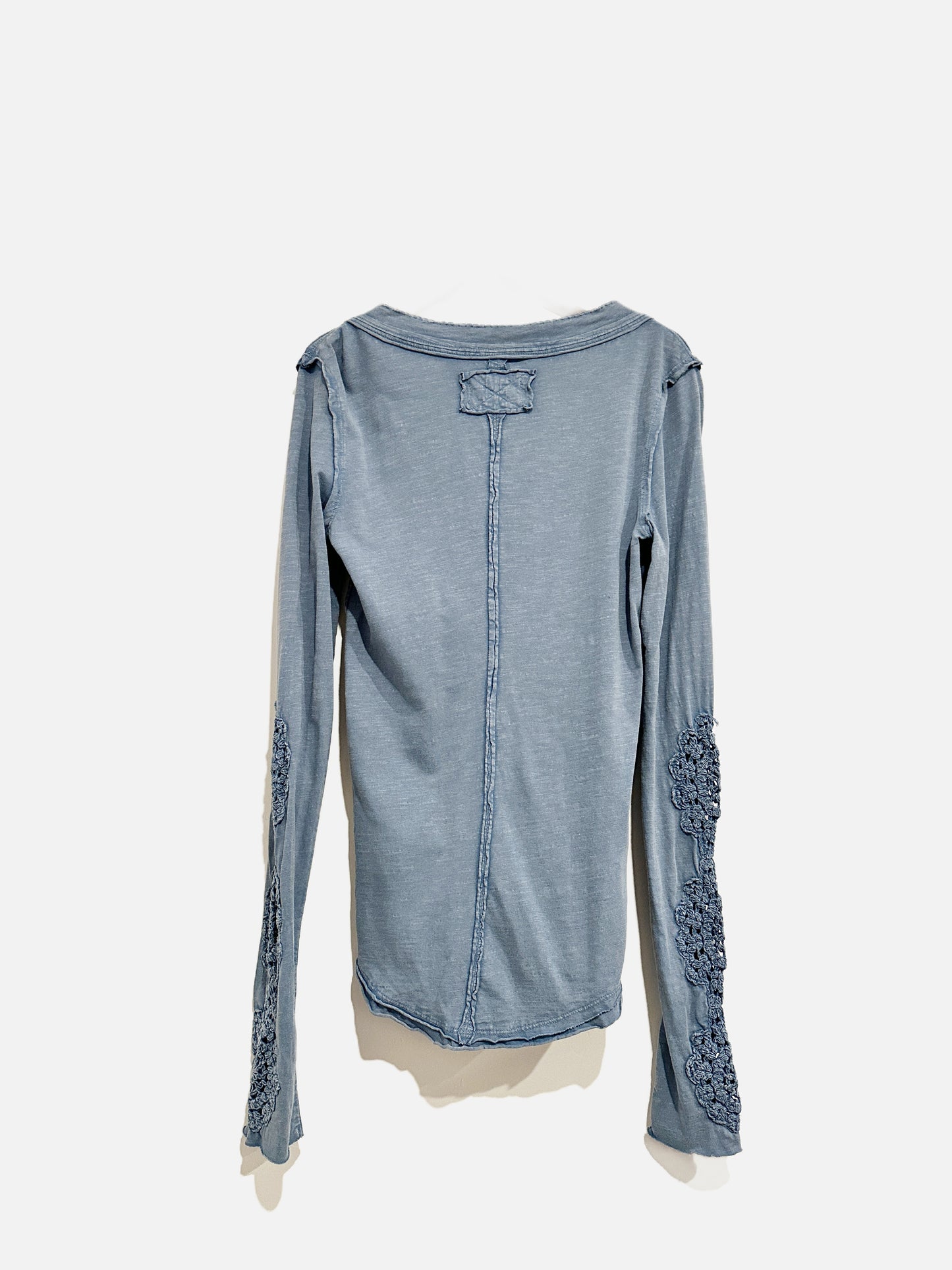 We The Free Our Song Blue Henley Crochet Sleeve Top - Small