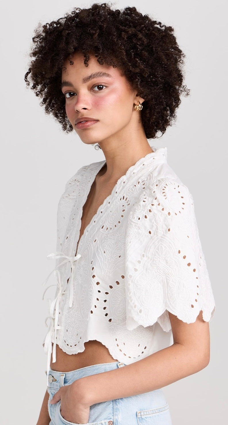 Moon River White Eyelet Tie Front Blouse - Medium
