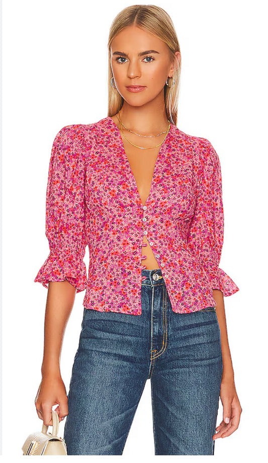 Free People Found You Pink Floral V-Neck Button Front Blouse - XL