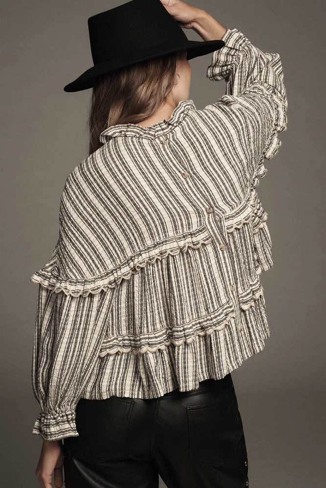 Anthropologie Pilcro Tan and Black Stripe Ruffle Blouse - Medium