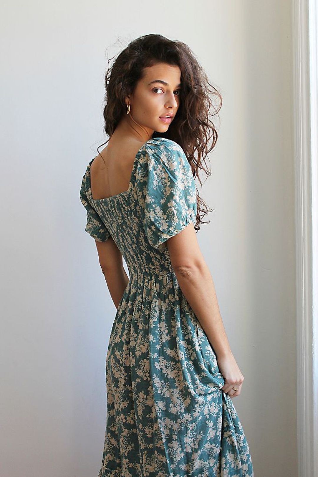 Free People Ellie Green Floral Smocked Midi Dress - Medium