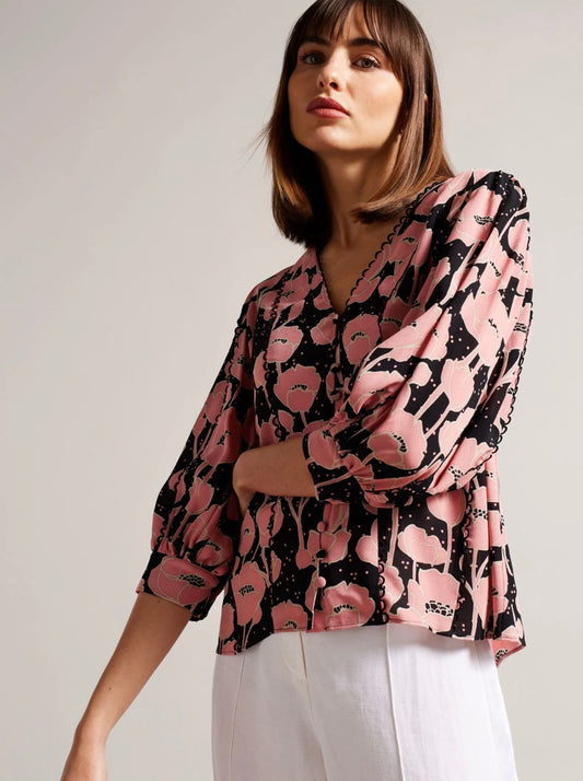 Ted Baker Stephii Black and Pink Floral Blouse - 2/Medium