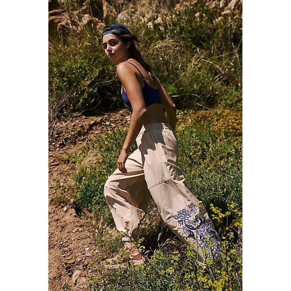 Free People Movement Tan w/Blue Embroidery Pants - Small