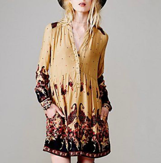Free People Sierra Valley Tan & Pink Paisley Dress - Small