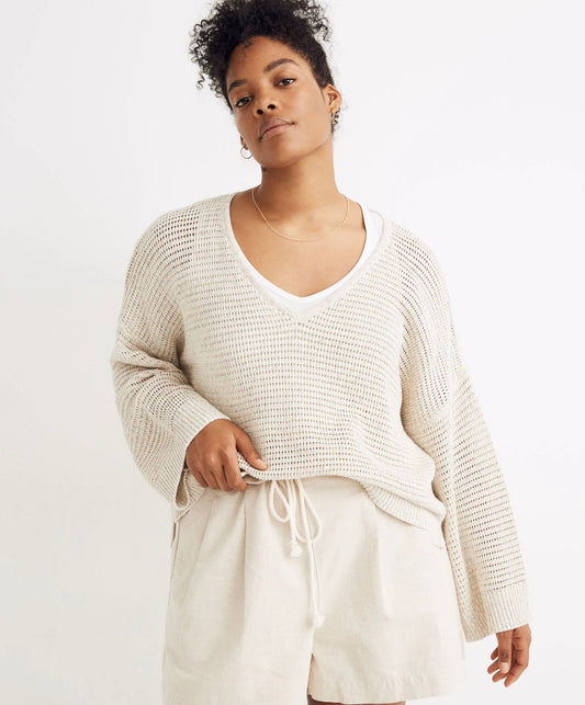 Madewell Cream Cable Knit V-Neck Sweater - Small