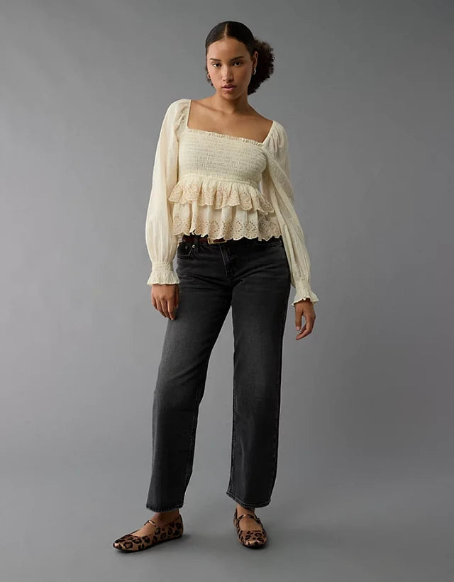 American Eagle Cream Smocked Blouse - XS
