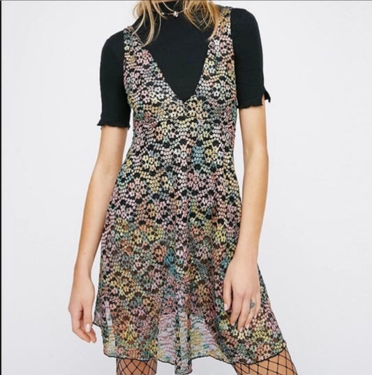 Free People Intimately Forget Me Knot Black Floral Mini Slip Dress - XS