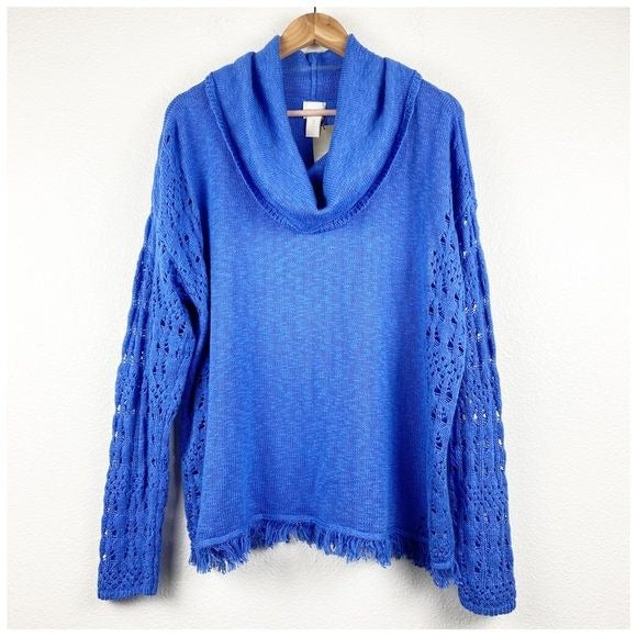 Chico’s Tiffany Fringe Cowl Neck Pullover in Gulfstream Blue Size XL/3