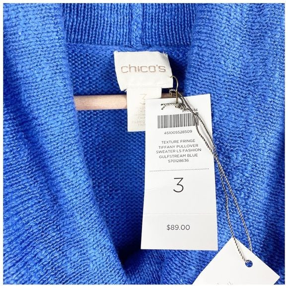 Chico’s Tiffany Fringe Cowl Neck Pullover in Gulfstream Blue Size XL/3