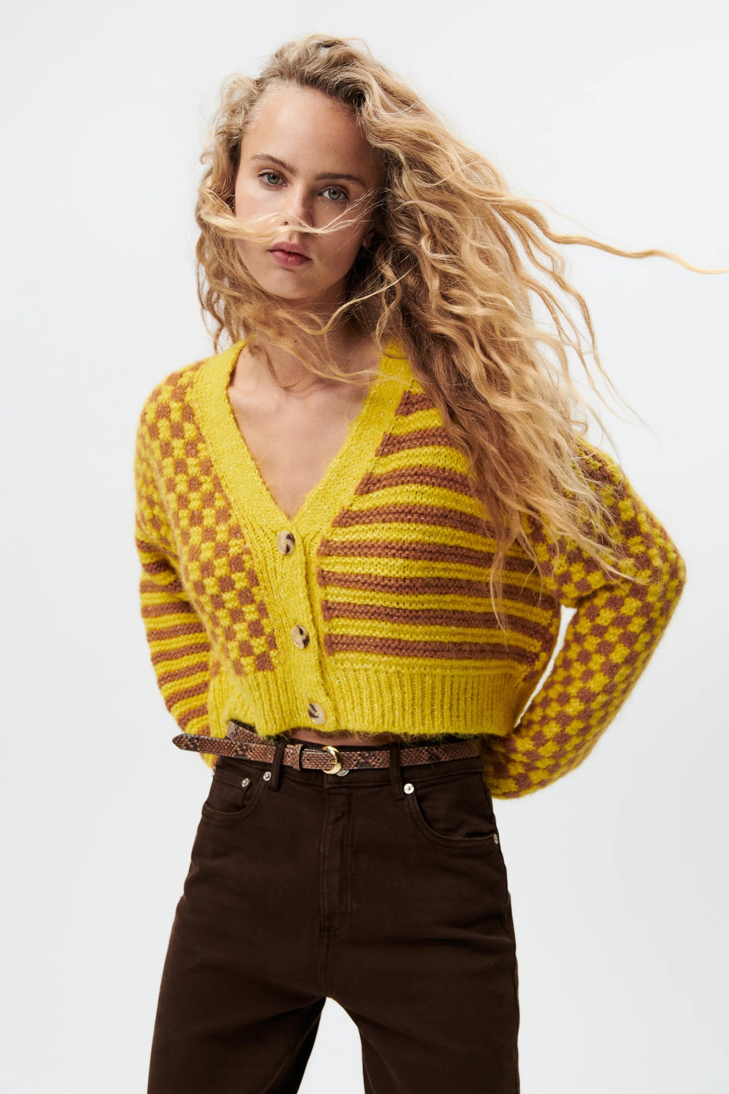 Zara Yellow and Brown Check Sweater- Small