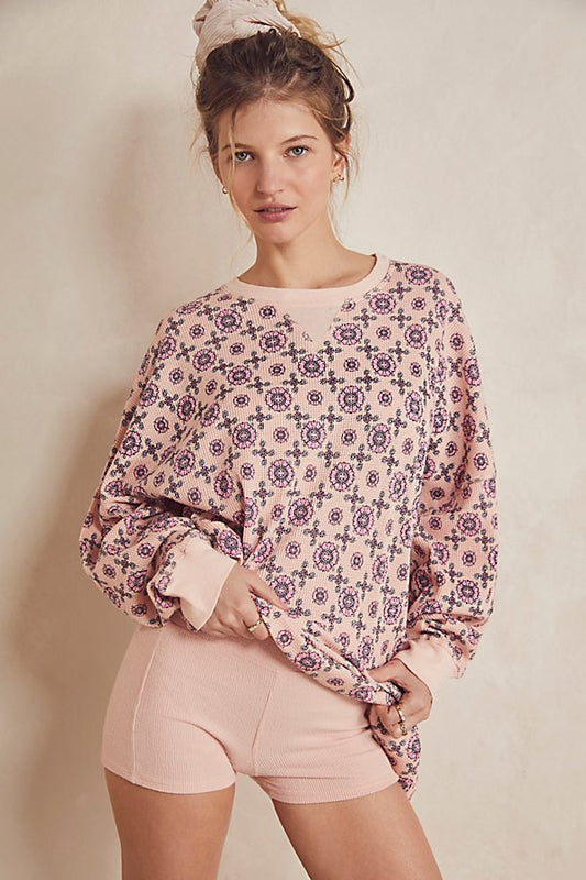 Free People Intimately Pink Floral Waffle Knit LS - Small
