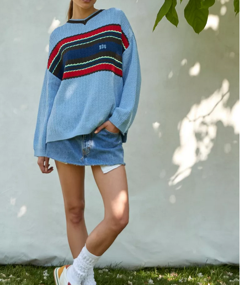 BDG Blue Stripe V Neck Sweater - Medium