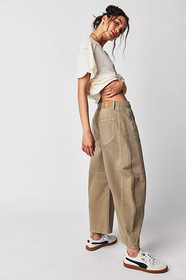 Free People Good Luck Mid Rise Barrel Leg Jeans in Khaki Taupe - 32