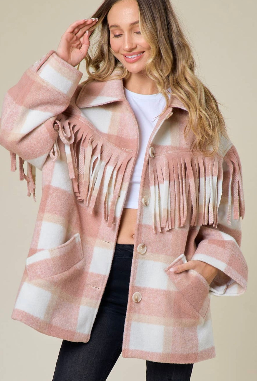 Saints & Hearts NWT Pink and White Flannel Fringe Jacket - M/L