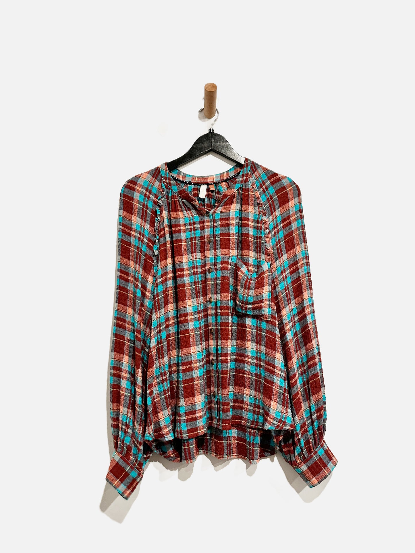 Anthropologie Pilcro Red and Blue Ruffle Blouse - Large