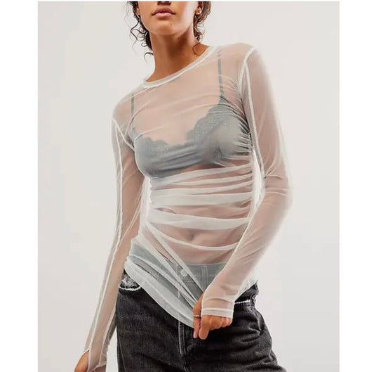Free People White Mesh LS Last Layer Top - Small