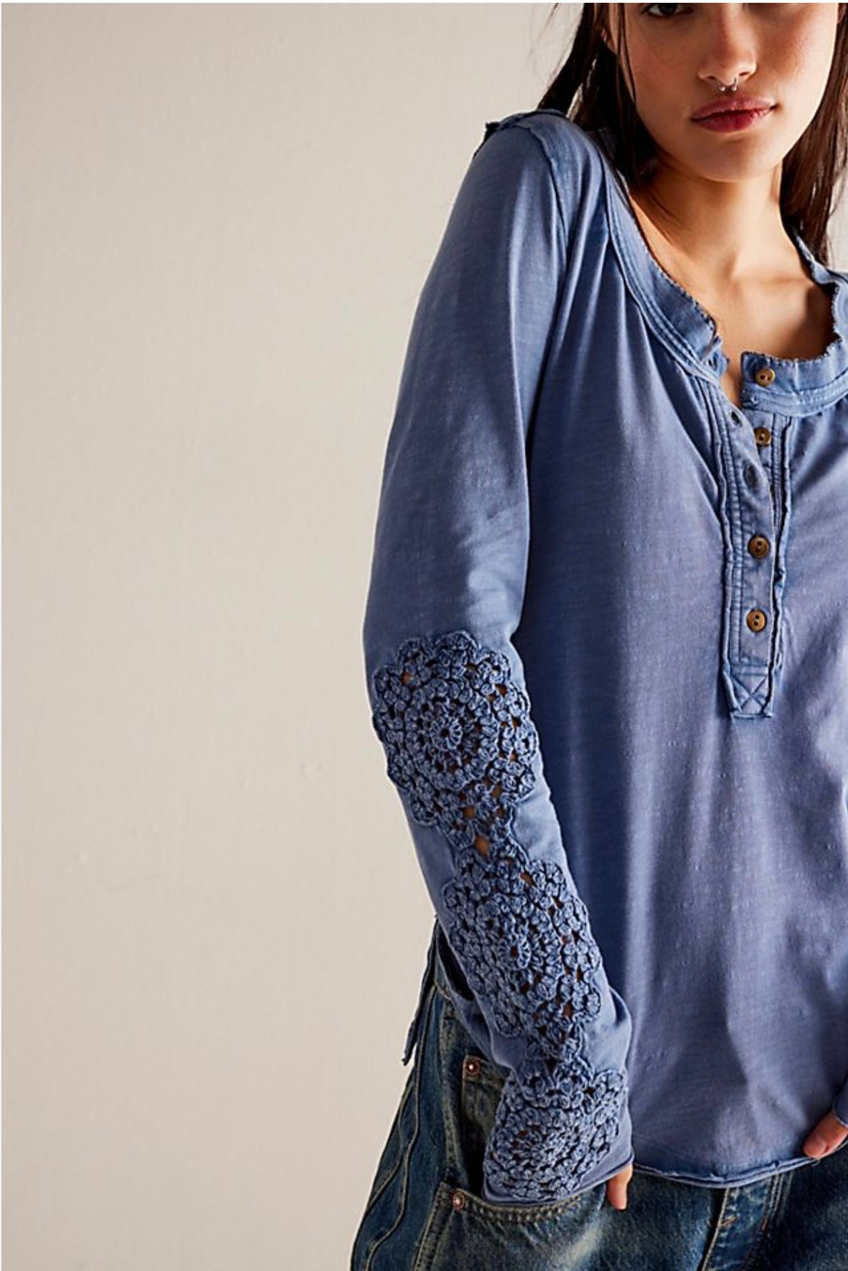 We The Free Our Song Blue Henley Crochet Sleeve Top - Small