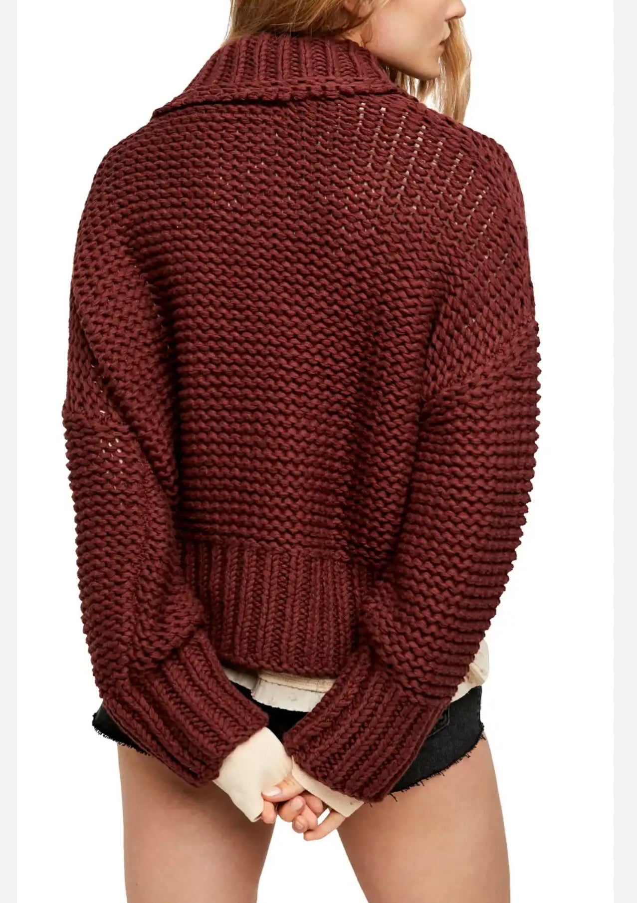 Free People Maroon Chunky Cable Knit Mock Neck Sweater - Small