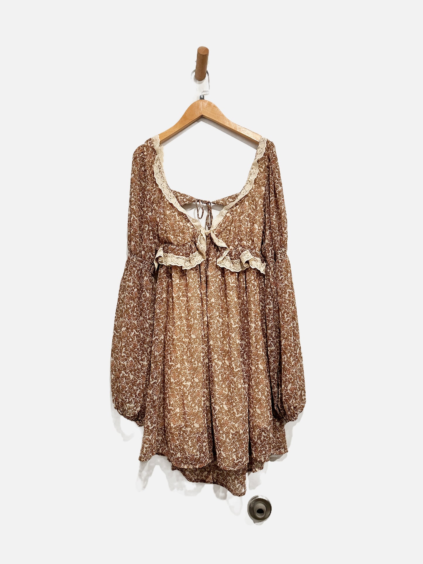 Free People NWT Pennie Brown Floral Lace Trim Dress - XS