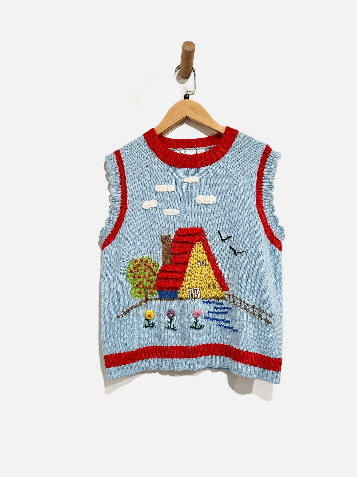 Zara Blue Embroidered Grandma’s House Vest - Medium