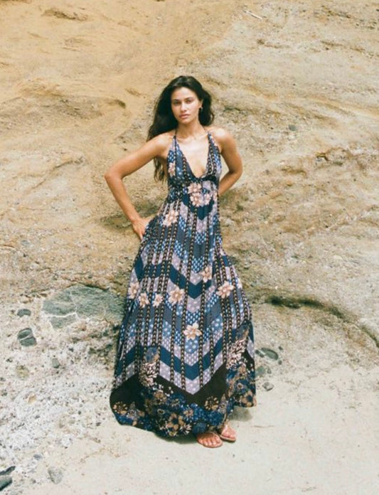 O’Neill Blue/Brown Halter Maxi Dress - XS