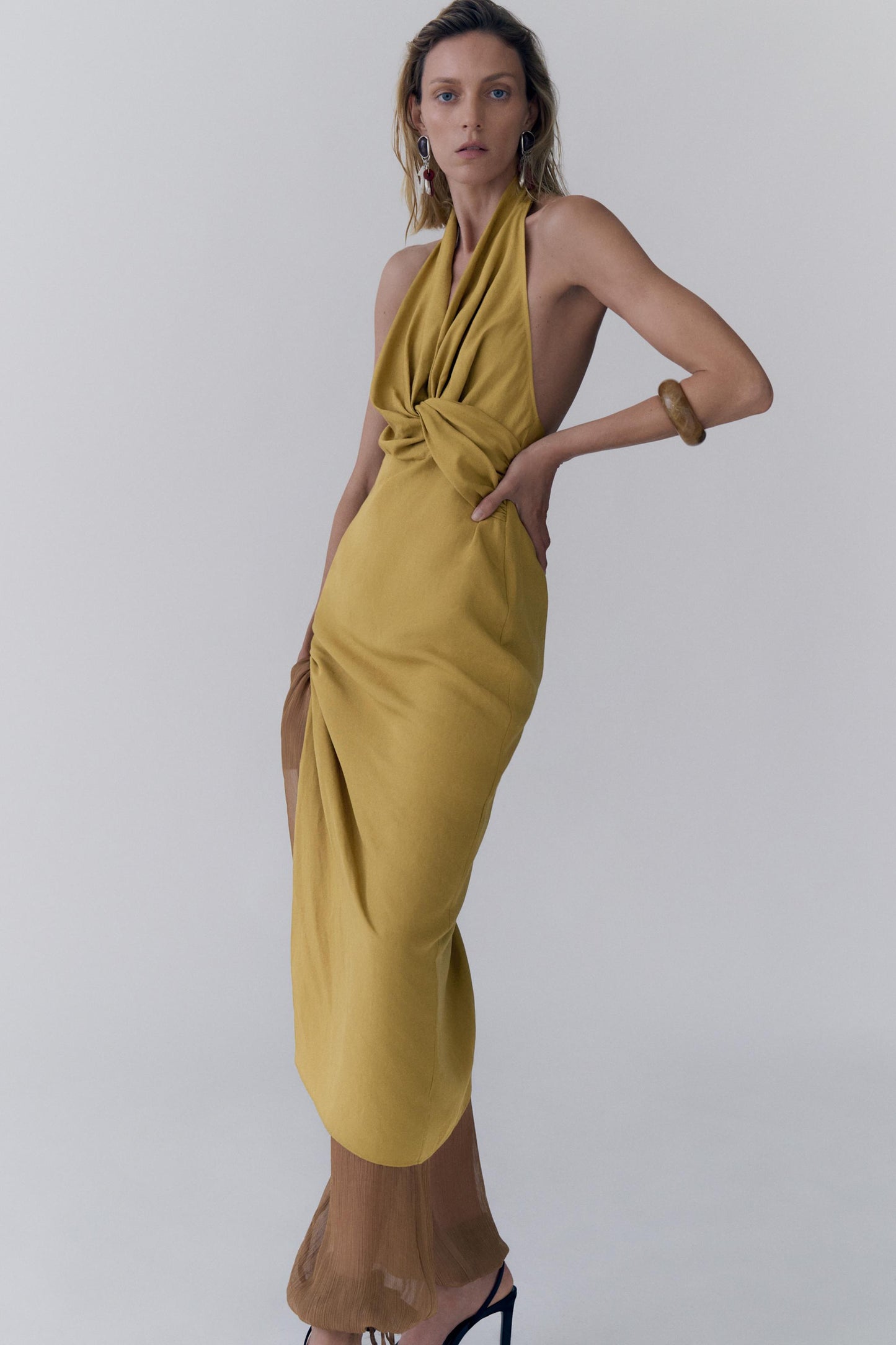Zara Mustard Yellow Linen Halter Midi Dress - Large
