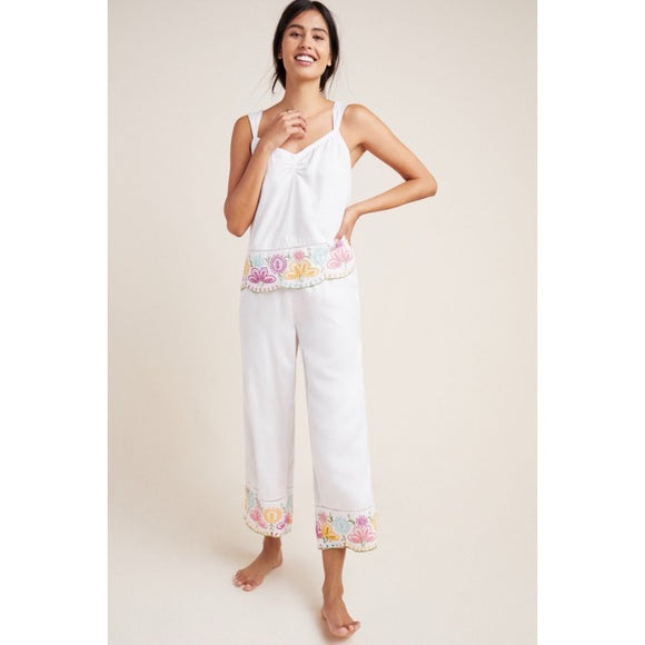 Anthropologie White Embroidered Lounge Pants - Medium