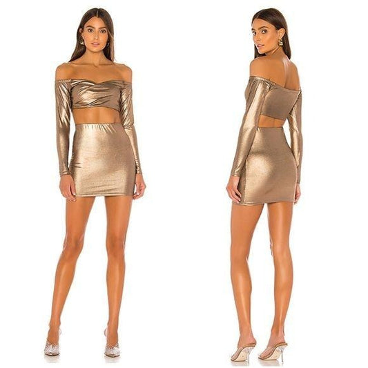 Ira Off Shoulder Mini Skirt Set in Bronze Size Small