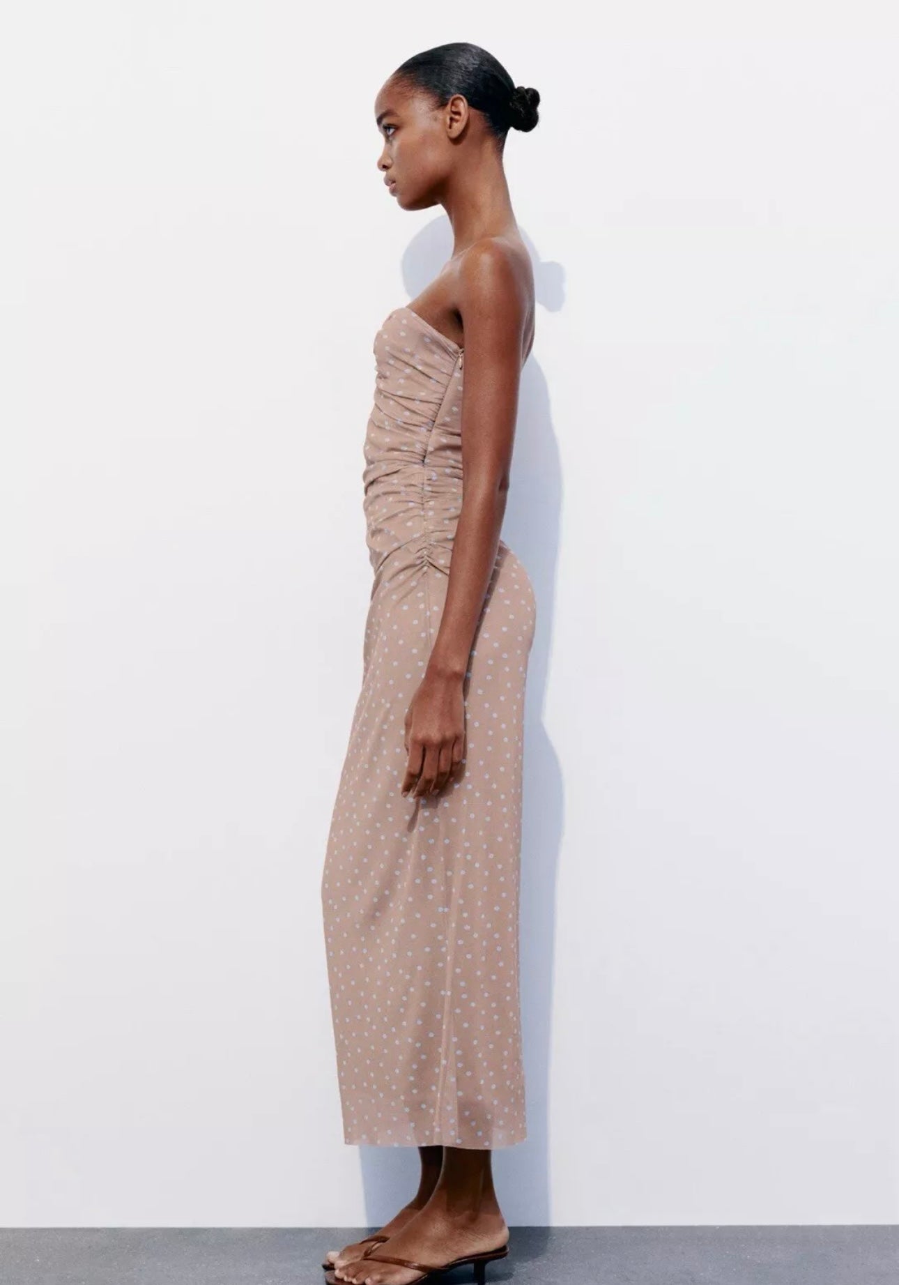 Zara Brown Mesh Polka Dot Strapless Dress - Small