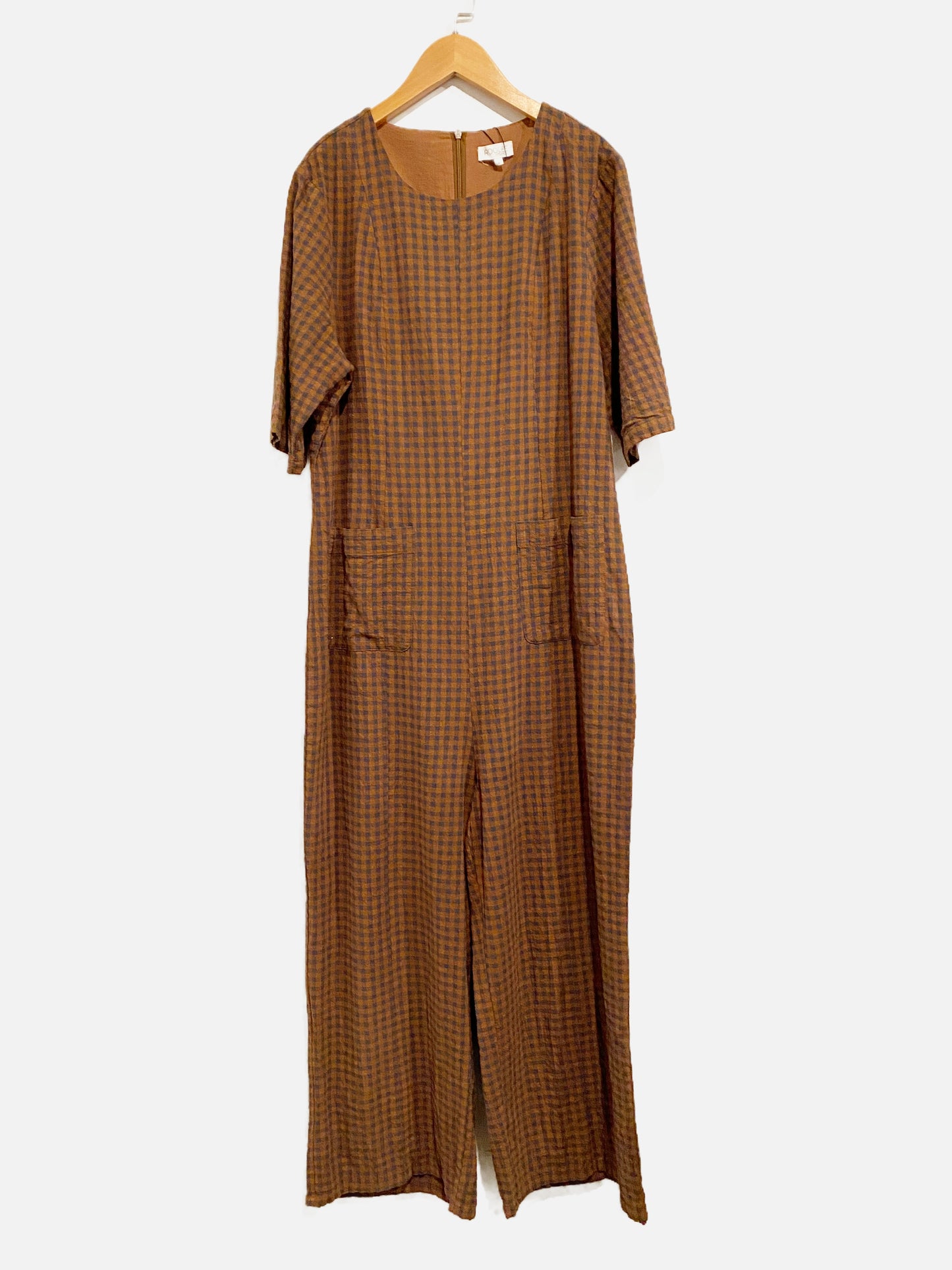 Roolee Mom Nursing Brown and Blue Gingham Jumpsuit - Large