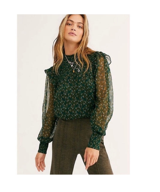 Free People Roma Green Floral Smocked Blouse - Small