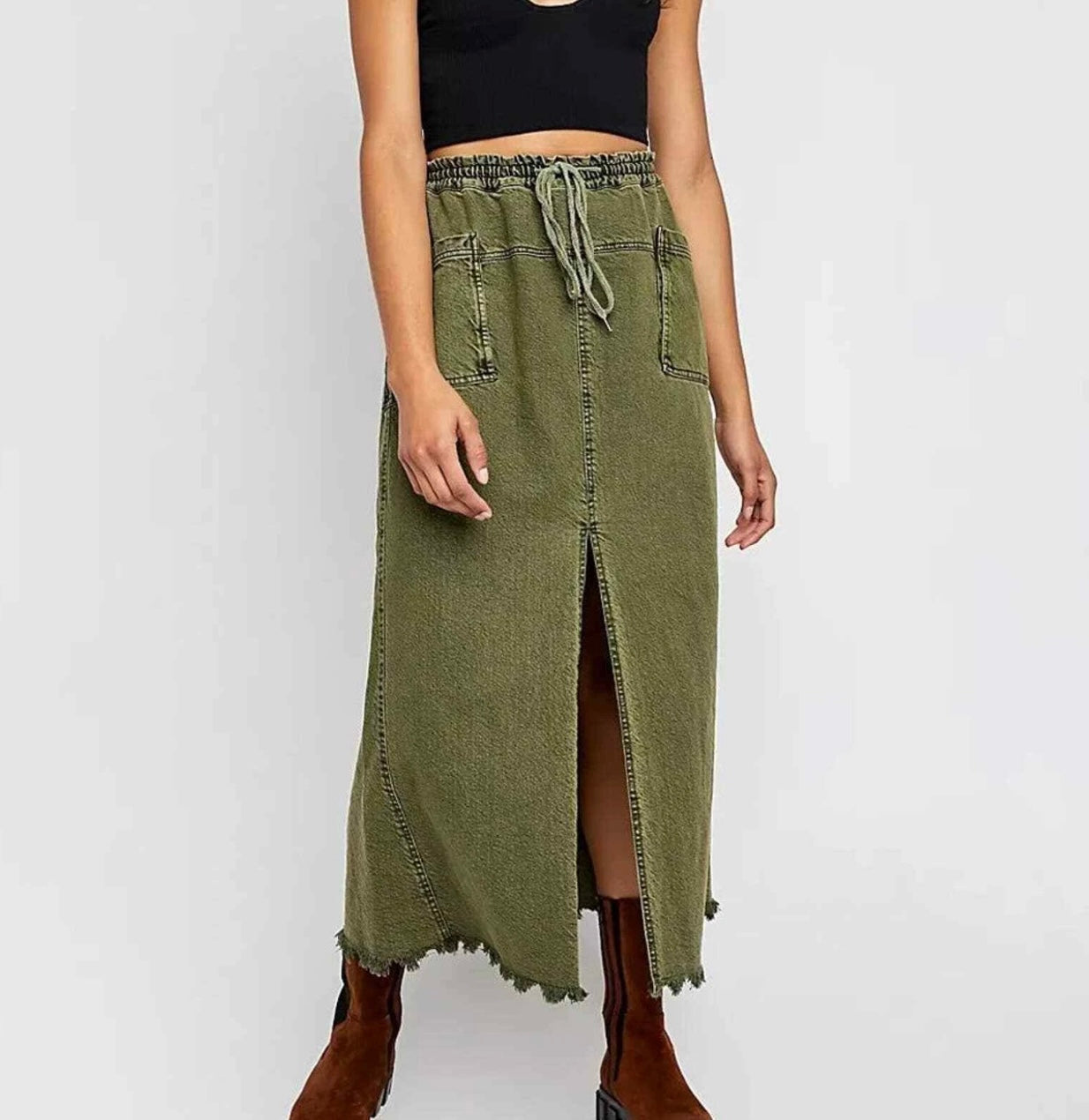 Free People Woke Up Like this Green Denim Split Skirt - Large