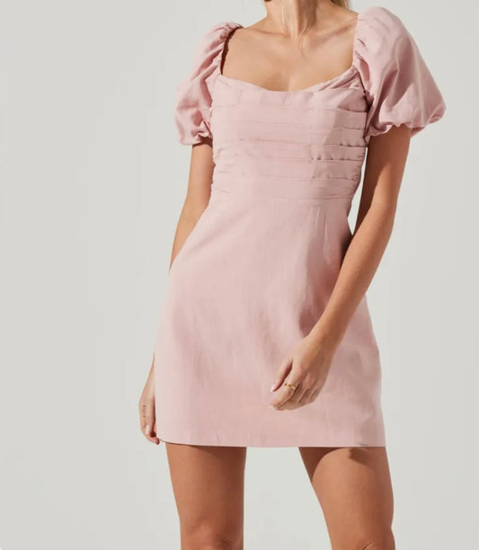 ASTR Pink Linen Poof Sleeve Mini Dress - XS