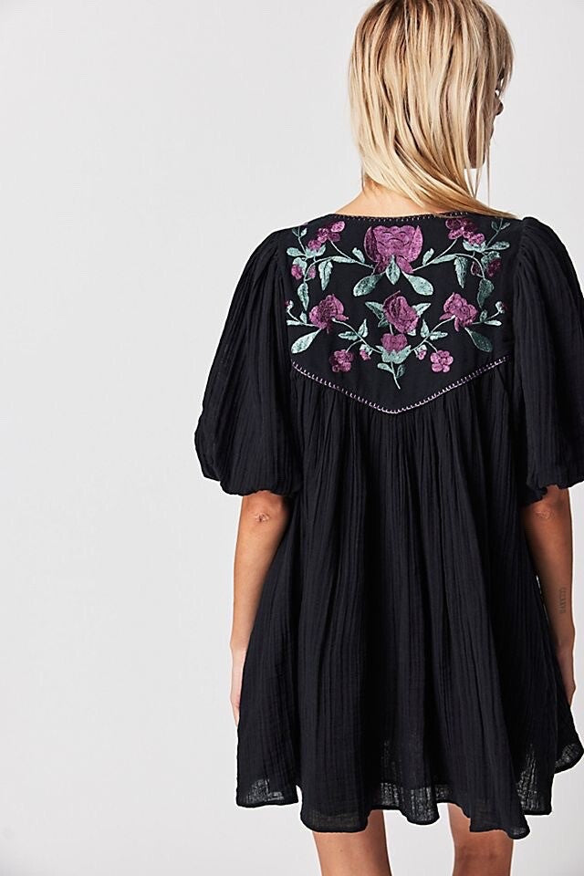 Free People Black Embroidered Mini Dress - XS