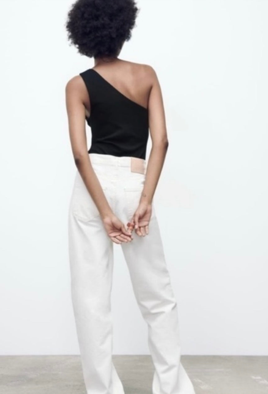 Zara Black One Shoulder Cut Out Bodysuit - Large