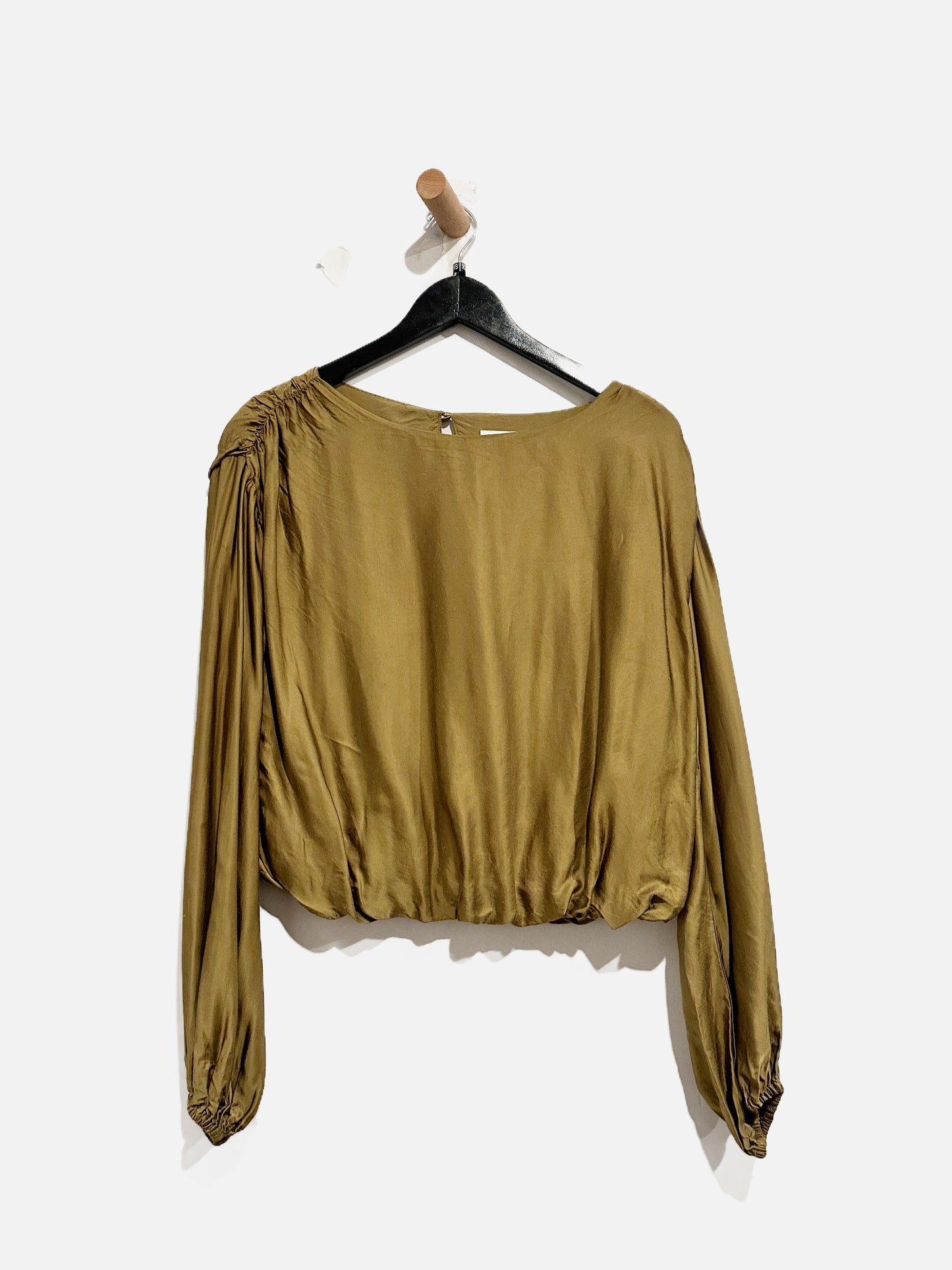 Anthropologie Green Satin LS Top - XS