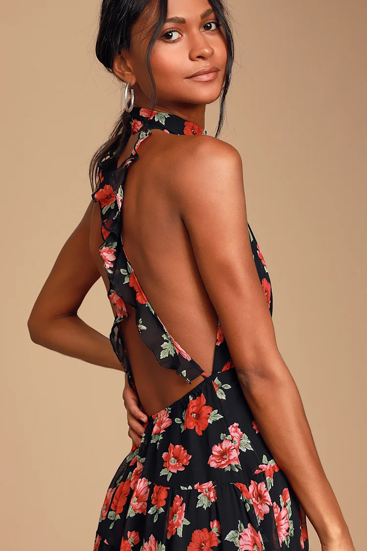 Lulus Black Floral Halter Midi Dress - Medium