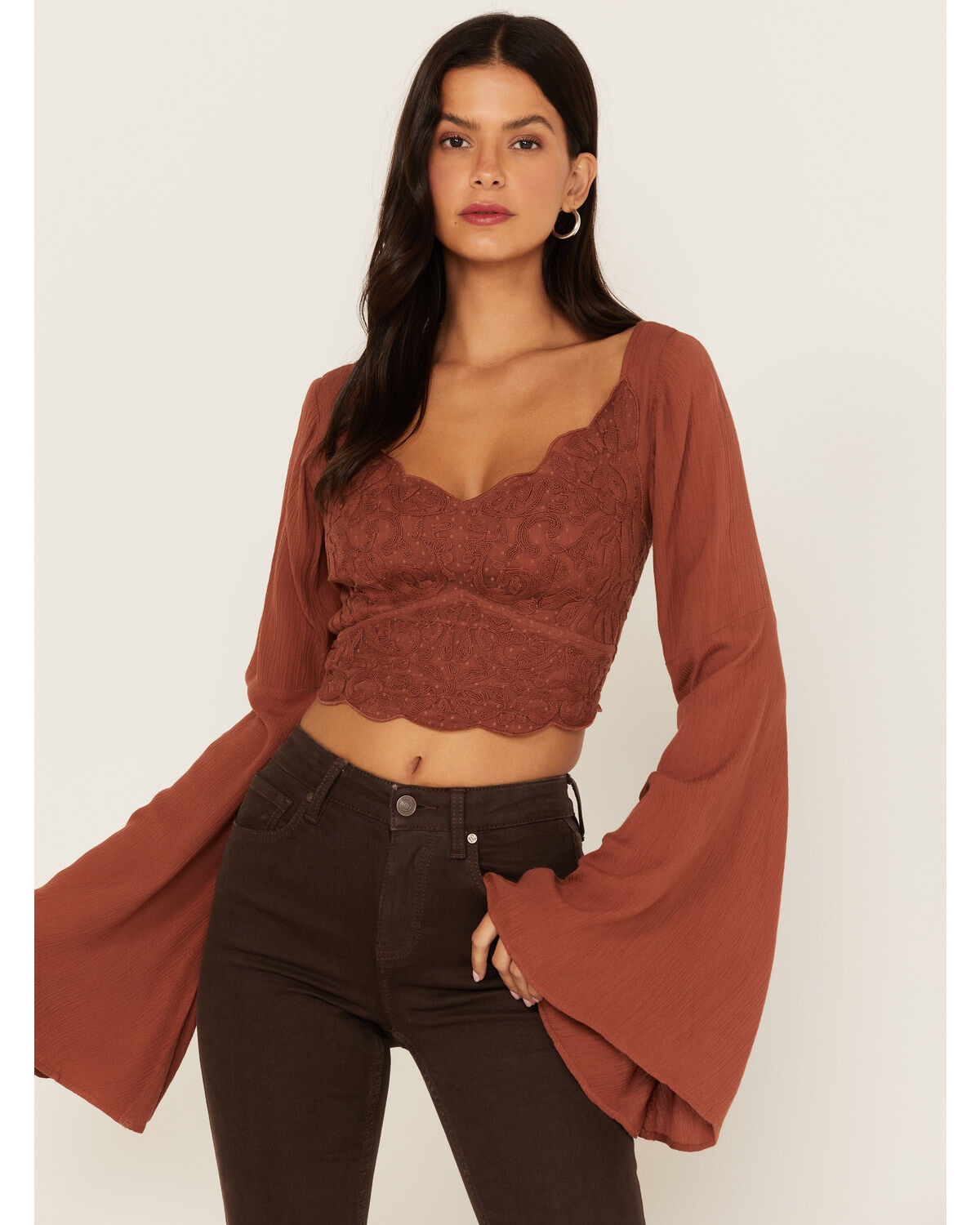 Shyanne Rust Lace Floral Bell Sleeve Blouse - Medium