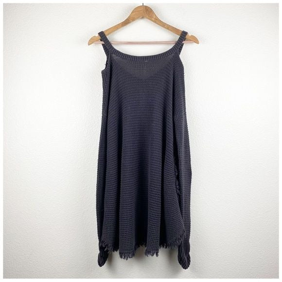 Free People Moonshine V-Neck Charcoal Distressed Waffle Knit Sweater Size Small