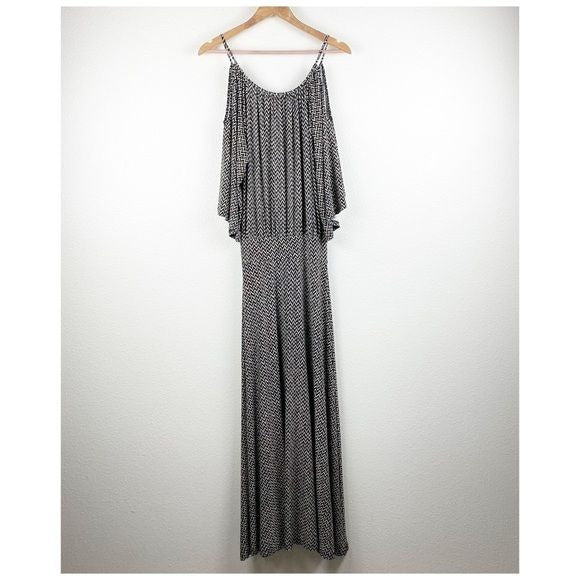 Veronicam. Black and White Chevron Cold Shoulder Maxi Dress Size XS