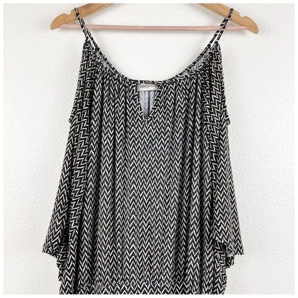 Veronicam. Black and White Chevron Cold Shoulder Maxi Dress Size XS