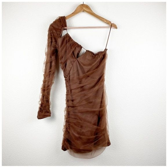 Zara NWT Brown Tulle One Shoulder Dress Size Small